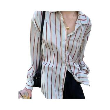 Imagem de Blusa Feminina Vintage De Cetim Listrada De Manga Longa, Camisa Casual