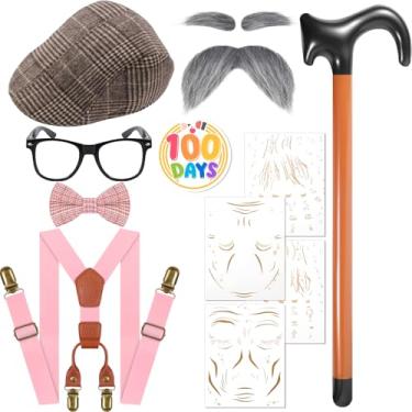Imagem de Fabllewavi 8 peças fantasia de velho avô – chapéu, suspensórios, gravata borboleta, sobrancelhas, bigodes, óculos, crachá, tatuagem para cosplay, rosa, Standard