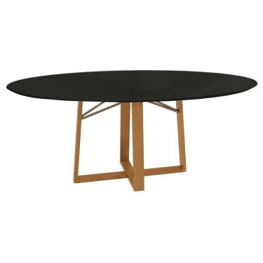 Imagem de Mesa Jantar Elma Premium Madeira Maciça c/ Tampo Madeirado c/ Vidro 180x105cm Carvalho/Preto Fosco Kappesberg