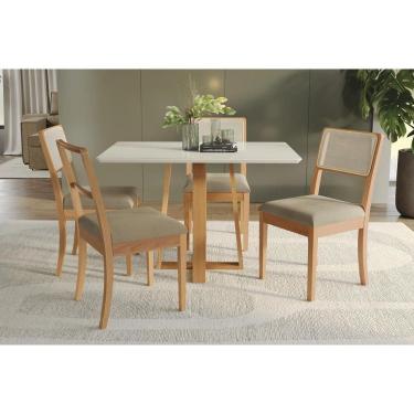 Imagem de Mesa Cozinha Elma Premium Madeira Maciça c/ Tampo Madeirado c/ Vidro 120x80cm e 4 Cadeiras Lola Carvalho/Off White - Boucle Bege Fendi-Kappesberg
