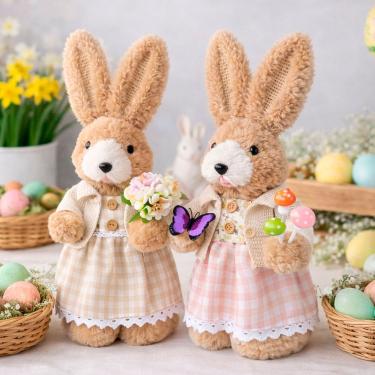 Imagem de Dupla Coelhinho Coelho Decoração Páscoa Marrom Rosa De 33cm