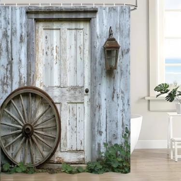 Imagem de JOFKAXU Cortina de chuveiro rústica para porta de celeiro vintage prancha de madeira folhas verdes fazenda retrô fazenda rural antiga cortina de banheiro com ganchos