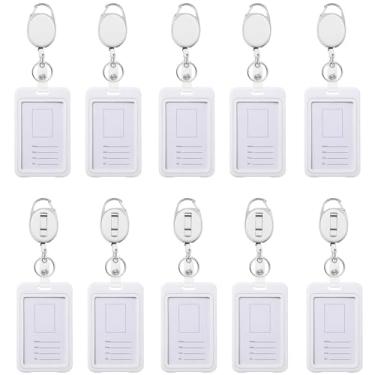 Imagem de 10 carretéis de crachá brancos retráteis com clipes e chaveiros + 10 peças de porta-cartões de identificação brancos, carretel de crachá ABS resistente com cordão de 59,9 cm para escritório