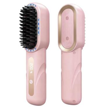Imagem de Lovinity Escova alisadora de cabelo sem fio – tela LCD, aquecimento rápido MCH cerâmica, recarregável por USB, mini alisador portátil para viagens, salão de beleza em casa, rosa