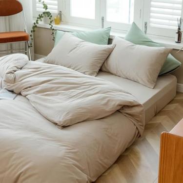 Imagem de AMZTOP Capa de edredom de malha de jérsei de algodão tamanho casal 3 peças (1 capa de edredom com 2 fronhas), jogo de cama 100% algodão para todas as estações, capas de colcha macias e respiráveis e