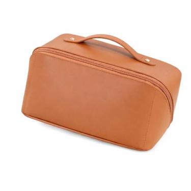 Imagem de Necessaire Organizadora de Maquiagem Feminina para Viagem, Couro PU, Espaçosa e Resistente, 23x13x14cm (Marrom)