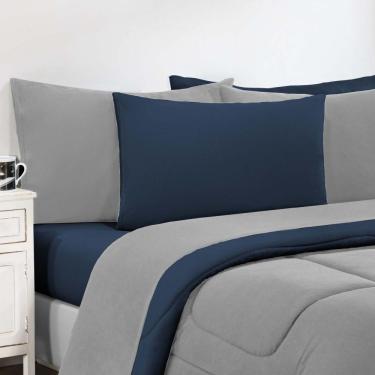 Imagem de Kit Edredom + Jogo De Lençol Malha 100% Algodão Gran Moratta 7 Peças Queen - Cinza-azul Marinho