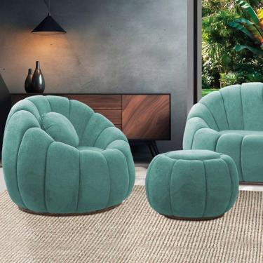 Imagem de Poltrona Decorativa Orgânica Giratória Com Puff Cloud Bouclê E03 - D'rossi Azul Turquesa