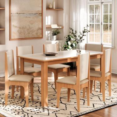 Imagem de Conjunto Mesa De Jantar Moderno Sara Com 6 Cadeiras Estofadas Mel Off