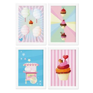 Imagem de Quadros Doces Cup Cake com Moldura Branca Kit 4un 33x43cm - Quartinhos
