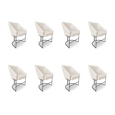 Imagem de Kit 8 Poltronas Luxo Alana Linho Base Ferro Preto - Pallazio Cor Bege