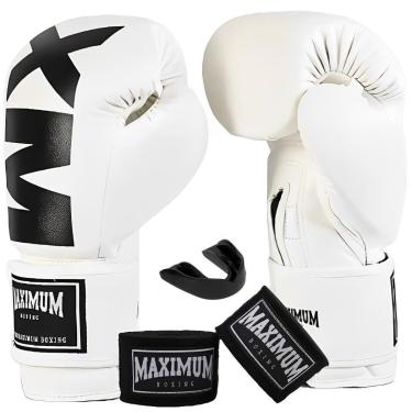 Imagem de Kit Luva de Boxe Muay Thai Kickboxing MXM Branco e Preto + Bandagem 3m + Protetor Bucal - Maximum-Unissex