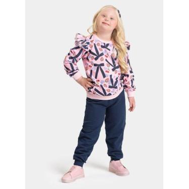 Imagem de Conjunto Inverno Menina Rosa Blusão com Babado e Calça em Moletom Laço