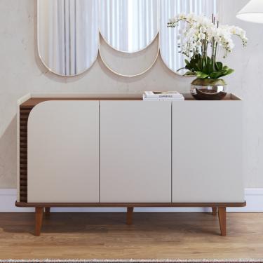 Imagem de Aparador Buffet Ripado 3 Portas com Pés de Madeira Jurerê Colibri - Off White Matte/Nogueira Real