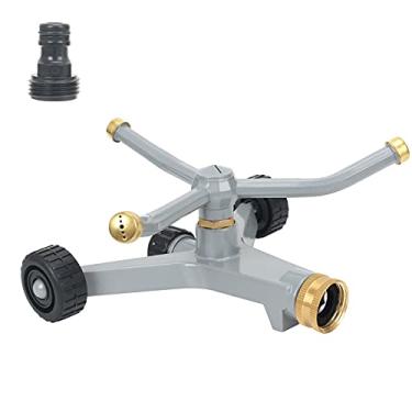 Imagem de STYDDI Aspersor de água giratório de metal para gramado, aspersor rotativo automático de 3 braços de 3 braços com base de rodas para pequenas áreas, jardim, quintal, cobertura de até 1.384 pés