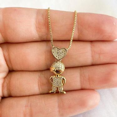 Imagem de Colar Menino Com Coração Cravejado Folheado Ouro 18k - Karina Acessóri