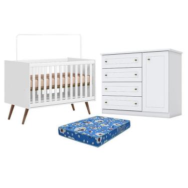 Imagem de Kit Berço Americano Q Encanto 3820 Retrô MDP Colchão Incluso Branco Acetinado Qmovi