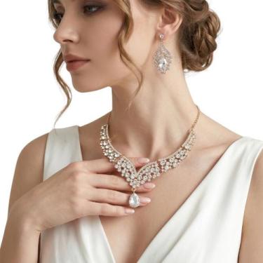 Imagem de Conjunto Kit Colar e Brincos Strass Festas Noivas Debutantes cor:Doura