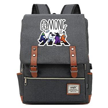 Imagem de Mochila retrô com estampa Among Space Game, mochila escolar retrô unissex (com USB), Cinza escuro, Large, Clássico