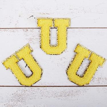 Imagem de Pacote com 3 adesivos universitários Chenille Iron On Glitter com 8 cm de altura - Tecido de chenille amarelo com acabamento em glitter dourado - Costurar ou passar a ferro - 8 cm YEL U