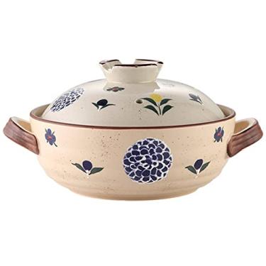 Imagem de Panela de argila para cozinhar, caçarola de cerâmica estilo japonês retrô pintado à mão panela de ensopado doméstico caçarola resistente ao calor com tampa panelas de cerâmica para bibimbap e sopa, C, 2,5L