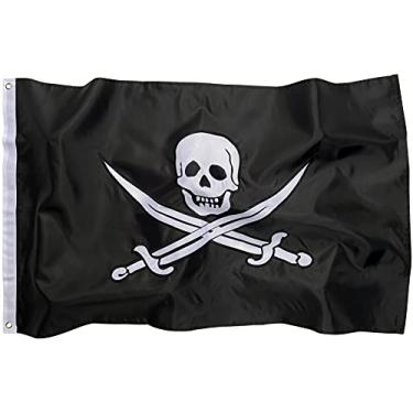 Imagem de Bandeira de pirata – 8,5 cm x 1,5 m de nylon Jolly Roger Banner bordado dupla face com caveira e espadas (estilo calico jack), acabamento com ilhós de latão e cabeçalho de lona branca para uso em