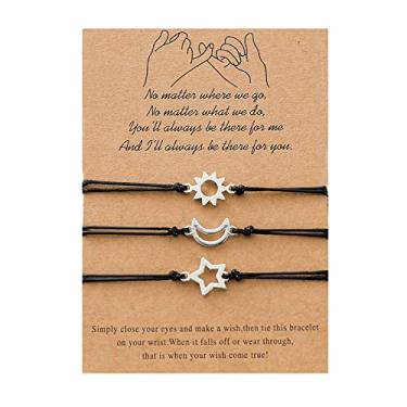 Imagem de GUMOTCY 3 pulseiras de amizade para 3 melhores amigos casais com lua sol estrela ajustável feito à mão pulseiras de relacionamento