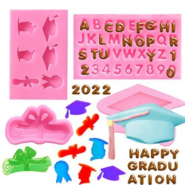 Imagem de Doumeny 4 peças de molde de silicone de graduação, molde de graduação, molde de diploma de fondant de graduação, molde de doces, molde de doces, molde de chocolate, moldes de letras e números para decoração de formatura
