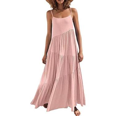 Imagem de Vestidos de verão femininos maxi vestidos de cor sólida solta plissado vestido irregular sem mangas suspensório praia maxi vestido longo, rosa, GG