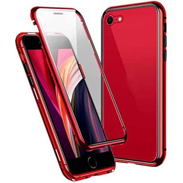 Imagem de IOTUP Capa de concha magnética para Apple iPhone SE 2ND (2020) 4,7 polegadas, capa frontal e traseira de vidro temperado transparente, moldura de alumínio (cor: vermelho)
