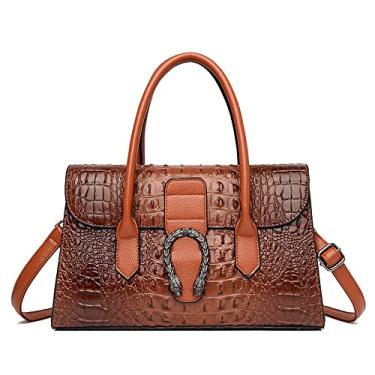 Imagem de Bolsa de ombro feminina com alça superior de couro padrão de crocodilo bolsa de mão feminina média fashion, Amarelo