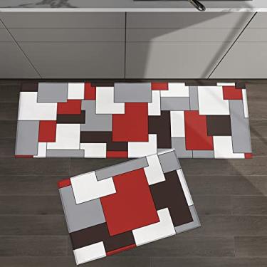 Imagem de Conjunto de 2 tapetes de cozinha com estampa digital 3D geométrica abstrata de meados do século vermelho cinza para tapetes acolchoados e tapetes antiderrapantes absorventes corredor confortável tapete de pé