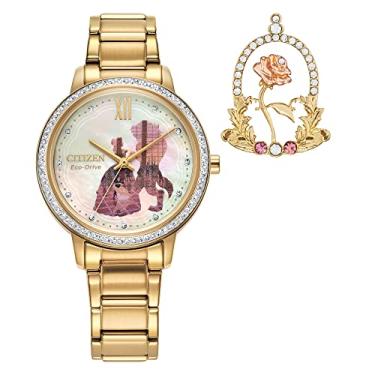 Imagem de Citizen Conjunto de caixa feminino Disney Bela e Fera com pino relógio Eco-Drive, Dourado