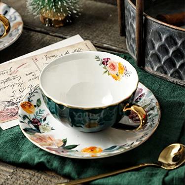 Imagem de JOYOFUN Xícara de chá verde e pires, xícara de café de porcelana real cerâmica floral forrado xícara de chá com guarnição e colher douradas, 236 ml xícara de caneca vintage da China para latte,