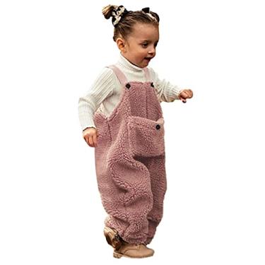 Imagem de Macacão infantil para meninos e meninas, macacão de lã felpudo, casual, ajuste solto, macacão de inverno, calça de esqui ib com bolsos, rosa, 6-12 meses