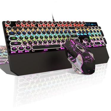 Imagem de Combo de teclado e mouse para jogos mecânicos de máquina de escrever, teclas redondas punk retrô, RGB arco-íris, LED, retroiluminado, USB, para jogos e escritório, para laptop, PC, interruptores