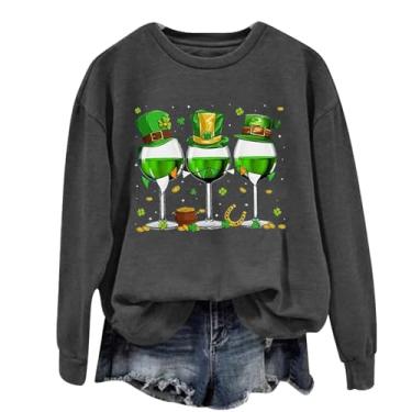 Imagem de Camiseta feminina St Patricks Day de manga comprida plus size gola redonda Lucky Love Irish Clover Happy St Patrick's Day Shirts, Cinza escuro, M