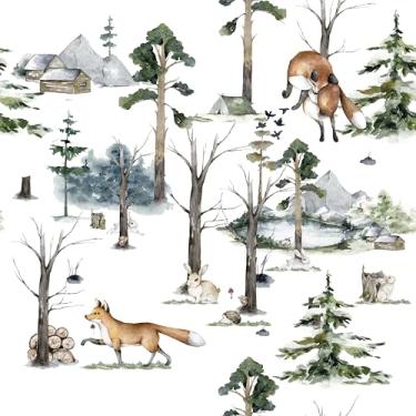 Imagem de MAGAFA Papel de parede de animais selvagens descascar e colar papel de contato com animais de desenho animado papel de parede árvore aquarela, papel de parede da floresta berçário crianças vinil