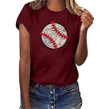 Imagem de Camiseta feminina de beisebol PKDong estampada, manga curta, gola redonda, blusa para sair para mulheres, beisebol, mamãe, Vinho, XXG