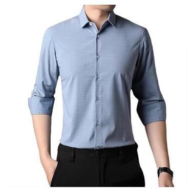 Imagem de Camisa social masculina xadrez cor sólida slim fit manga longa camisa formal lapela gola, Azul claro, 4G