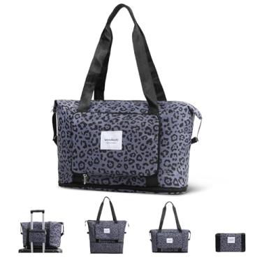 Imagem de WOOMADA Bolsa esportiva de viagem dobrável, bolsas de fim de semana para mulheres, sacola com espaço expansível, bolsas de transporte para aviões, A - leopardo rosa