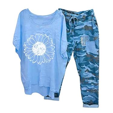 Imagem de Conjunto de 2 peças para mulheres, roupa de treino de linho, manga curta, calça solta de perna larga, conjunto de treino combinando, Zb1-azul, 5X-Large