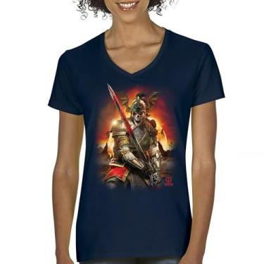 Imagem de Camiseta feminina Apocalypse Reaper gola V fantasia esqueleto cavaleiro com uma espada medieval lendária criatura dragão bruxo, Azul marinho, M