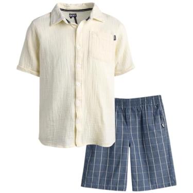 Imagem de DKNY Conjunto de shorts para meninos - 2 peças de camisa e shorts de botão de manga curta - roupa casual de verão para meninos (8-12), Creme de banana, 12