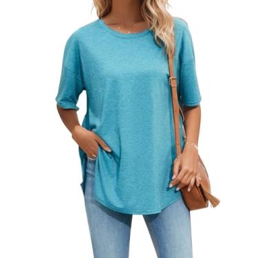 Imagem de Halife Camisetas femininas grandes de verão, gola redonda, manga curta, bainha curvada, básica, casual, solta, túnica, 01 Azul, verde, XXG