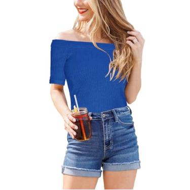 Imagem de Topstype Camisetas femininas com ombros de fora, manga curta, caimento justo, caneladas, justas, justas, para sair, Azul, P