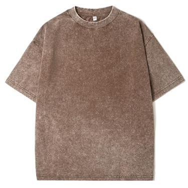 Imagem de Camisetas masculinas de algodão grandes unissex manga curta casual solta lavagem sólida básica, Marrom A, G