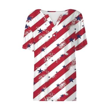 Imagem de Camiseta feminina com estampa patriótica Star Stripes bandeira americana 2024 4 de julho gola Henley verão casual, Vermelho, G