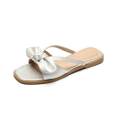 Imagem de KEINYDADF Sandálias planas femininas elegantes de verão com bico aberto quadrado, Branco, 34