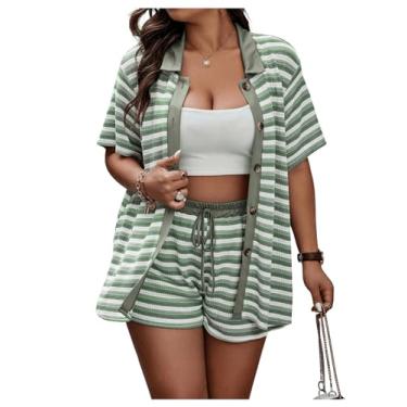 Imagem de GORGLITTER Conjunto feminino plus de 2 peças para férias listrado, manga curta, camisa de botão e shorts, Listrado verde, 1XL